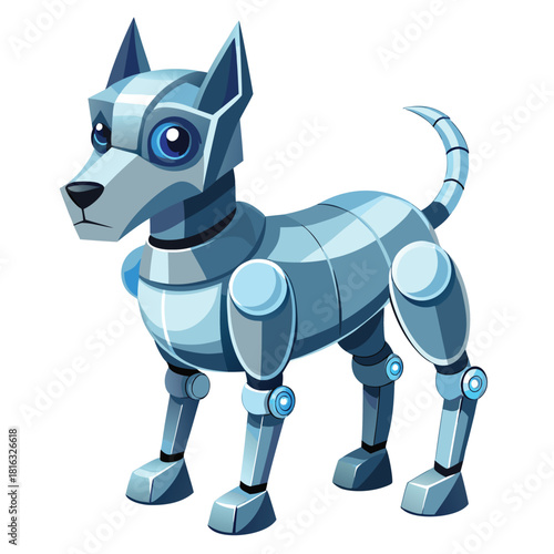A stylized illustration of a blue robotic dog with a cheerful expression