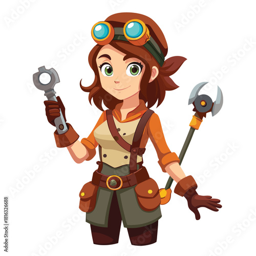 Steampunk mechanic girl character with goggles wrench and fantastical weapon