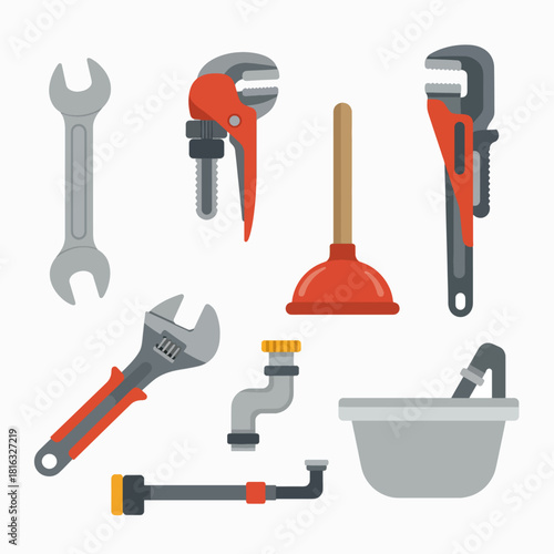 Collection of plumbing tools and fixtures including wrenches, plunger, and pipes.