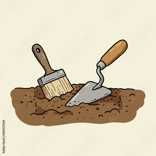 A cartoon illustration of an archaeological brush and a trowel stuck in brown soil, ready for excavation.