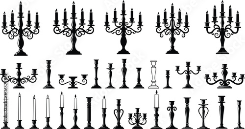 Set of black vector silhouettes of vintage candelabras and candlesticks with burning candles, isolated on white background for interior decoration design.