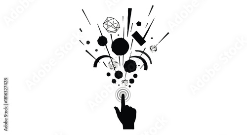 Abstract explosion of geometric shapes and circles bursting from a finger tap, symbolizing creativity and innovation.