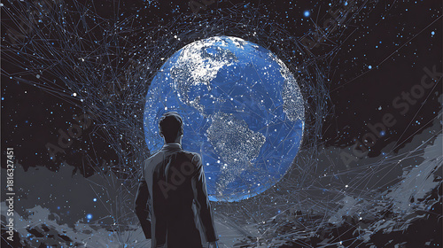 Fototapeta Naklejka Na Ścianę i Meble -  Man gazes at glowing interconnected planet suit earth