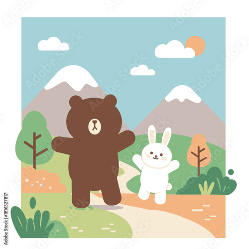 Cute cartoon bear and rabbit walking on a path in a scenic mountain landscape under a blue sky.