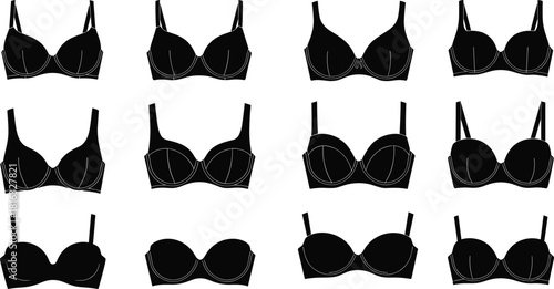Set of women bra silhouettes, vector lingerie icons collection, isolated underwear shapes on white background for fashion design, clothing store, and textile industry.