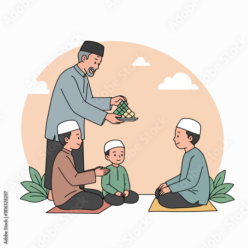 An older man in traditional attire sharing ketupat with three boys sitting on mats, celebrating a festive occasion.
