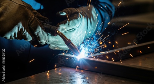 Industrial worker welding metal structure with bright sparks in a dark factory workshop