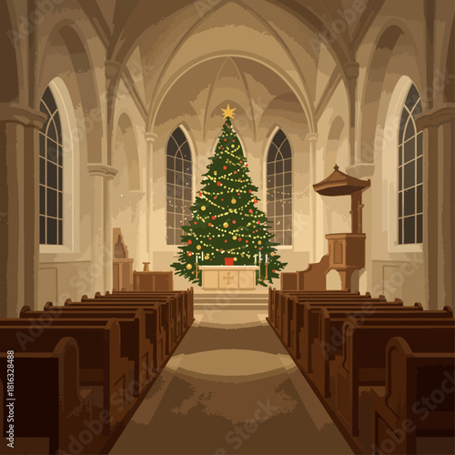 A beautifully decorated Christmas tree stands prominently at the altar inside a traditional church with rows of wooden pews and arched windows.