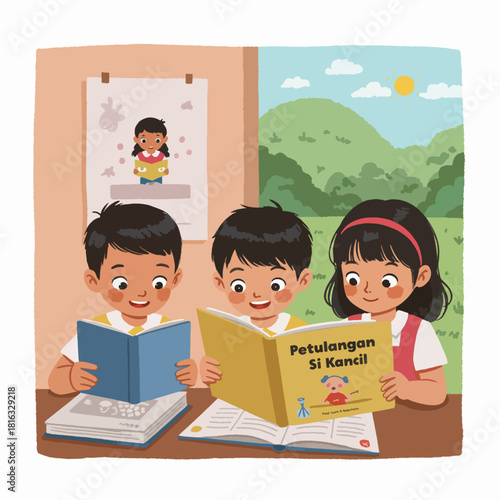 Three happy children, two boys and one girl, are engrossed in reading books together at a table, with a window showing a green landscape.