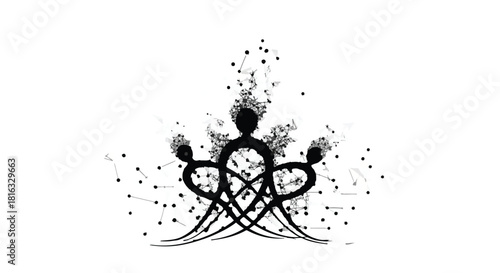 Meditating silhouette radiating abstract cosmic energy and connection