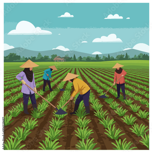 Farmers working diligently in a vibrant green agricultural field under a clear blue sky.