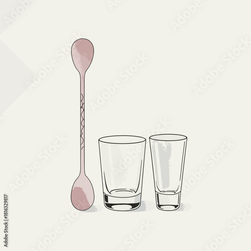 An illustration featuring a long-handled bar spoon next to two empty clear shot glasses on a light background.