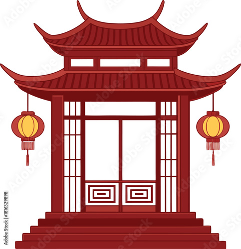Flat Design Red and Gold Pagoda Lunar New Year Building Illustration