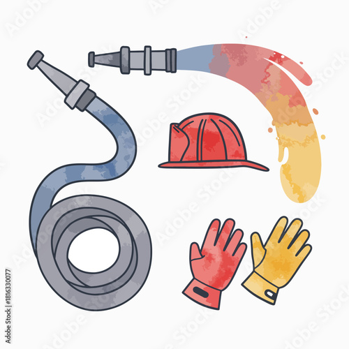 Watercolor illustration of firefighting equipment including hoses, helmet, and gloves.