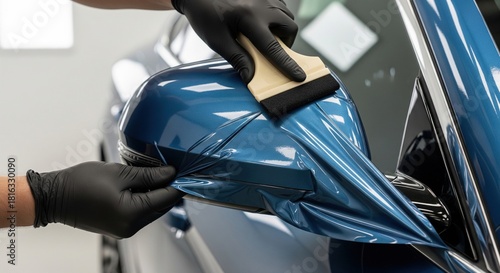 Car wrapping specialist putting blue vinyl foil on car mirror in workshop using a squeegee tool
