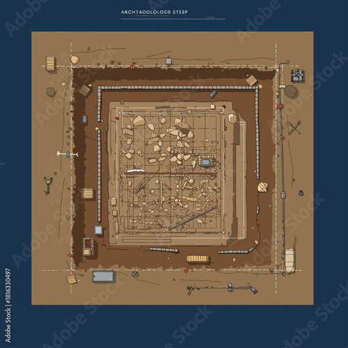 An intricate aerial illustration of an archaeological excavation site, showing a square pit with grid lines, unearthed artifacts, tools, and a detailed plan.