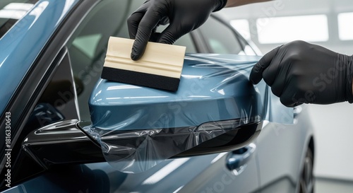 Professional car detailing hands applying protective film on side mirror with squeegee
