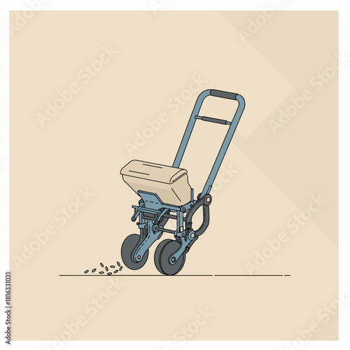 An illustration of a push-style garden spreader dispensing seeds or fertilizer on a light background.