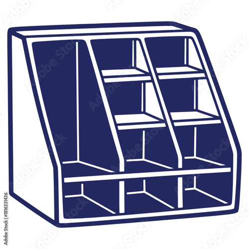 Blue and white isolated vector illustration of a storage display rack with multiple compartments and shelving for organizing items and promotional materials