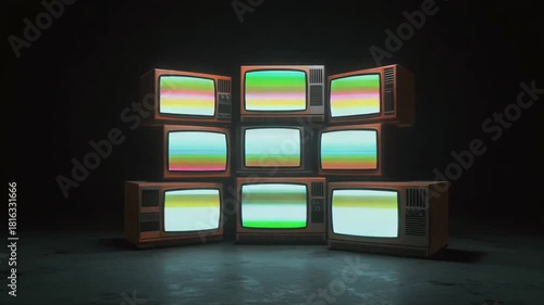 Stacked CRT screens with random analog static glitch patterns flickering in dark room, eerie abandoned tech ambiance.