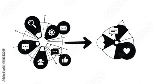 Abstract representation of digital engagement transforming into simplified feedback icons.