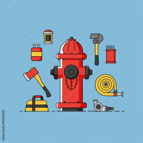 A collection of essential firefighting equipment and tools, including a red fire hydrant, axe, wrench, and hose, on a blue background.