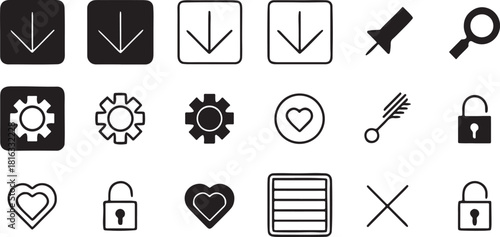 Minimalist Icon Assortment: A clean arrangement of essential icons, perfect for web and graphic design projects, conveying information with simplicity and precision.