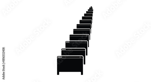 A repeating line of identical black computer monitors recedes into the distance against a white background.