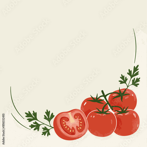 Fresh red tomatoes on a vine with a sliced tomato and green herbs, forming a decorative corner on a light background.