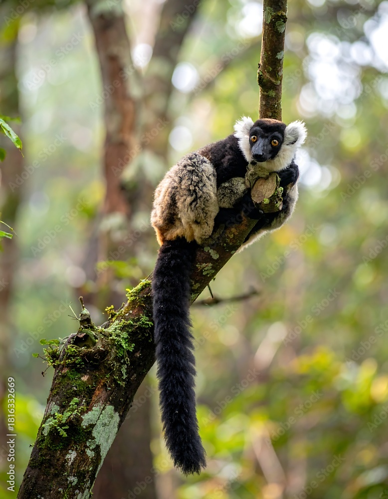 Fototapeta premium A black and white animal with a fluffy tail rests comfortably on a tree branch, observing surroundings