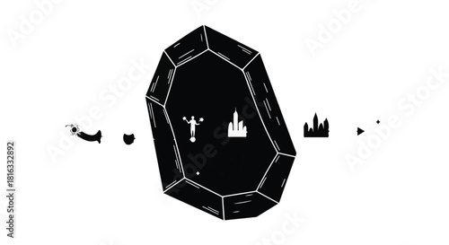 Abstract geometric crystal showcasing diverse modern cityscapes and abstract figures