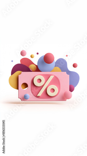 3D pink discount coupon with percent sign and abstract shapes for sale promotion vertical mobile wallpaper