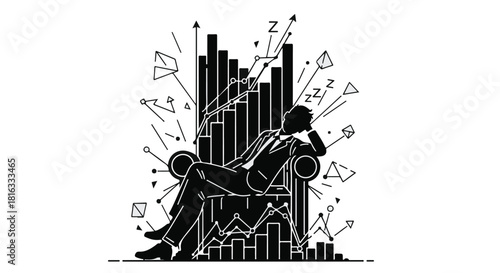 Businessman confidently rests on throne made of financial charts, symbolizing success and market dominance.