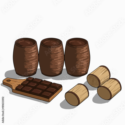 Illustration of chocolate bar on a wooden board with three barrels and logs.