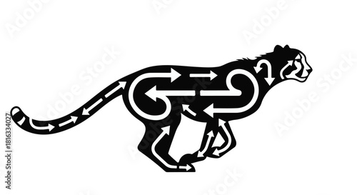Dynamic cheetah silhouette with internal flow arrows symbolizing speed and movement