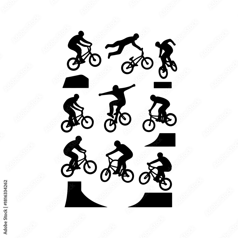 Fototapeta premium Bmx bicycle rider silhouettes performing extreme tricks and jumps