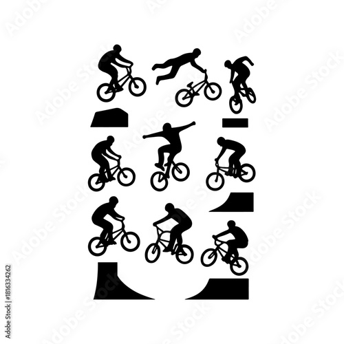 Bmx bicycle rider silhouettes performing extreme tricks and jumps