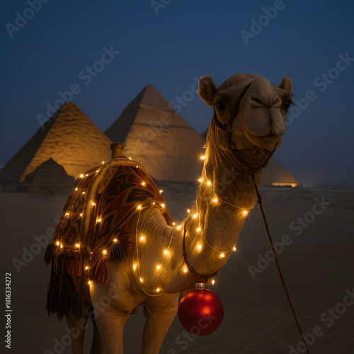 A creative and stunning shot of a camel decorated with fairy lights, standing calmly in front of the Giza pyramids at dusk