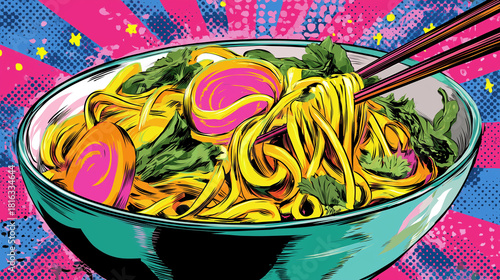 Vibrant pop art illustration of a colorful noodle bowl with bold comic-style lines, neon tones, and dynamic halftone patterns in a retro graphic design
