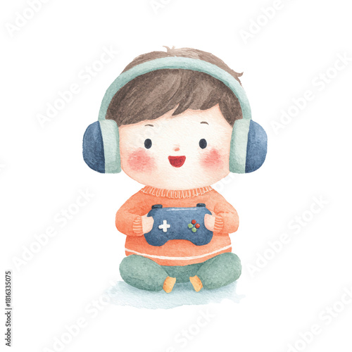 Adorable Child Playing Video Games with Headphones.