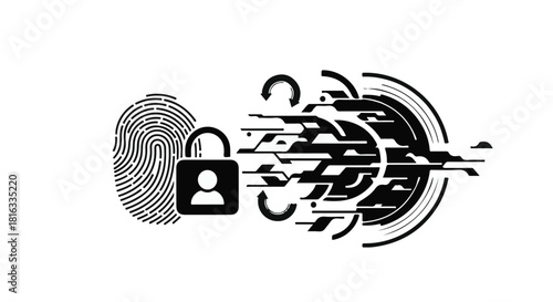 Digital security concept with fingerprint and locked padlock transforming into abstract data stream