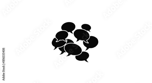 A cluster of black speech bubbles against a white background, symbolizing communication and ideas.