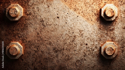 Four large rusty bolts securing a weathered industrial metal plate.
