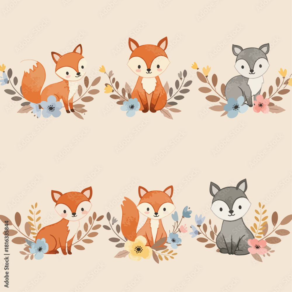 Obraz premium Adorable watercolor illustration of six cartoon foxes and wolves with floral arrangements on a light background, perfect for children's designs.