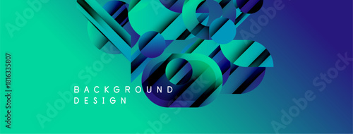Abstract geometric shapes blend vibrant turquoise, purple hues. Modern design suggests digital art, background element. Text reads background design.