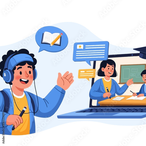 A boy with headphones participating in an online virtual class with a teacher and students on a laptop screen.