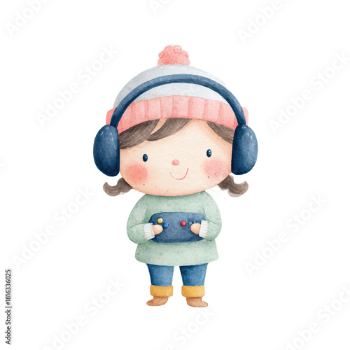 Cute Little Girl Playing Video Game with Headphones Watercolor Illustration.