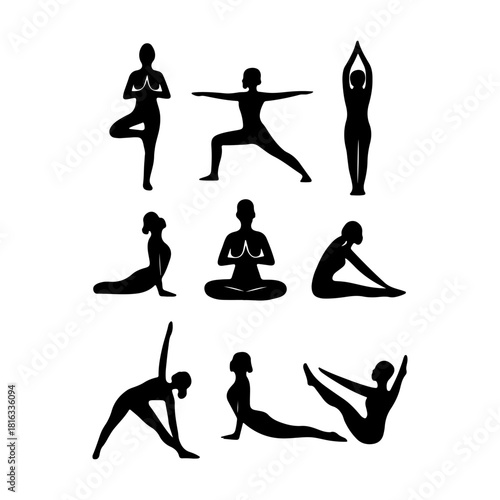 Silhouettes of people performing various yoga poses
