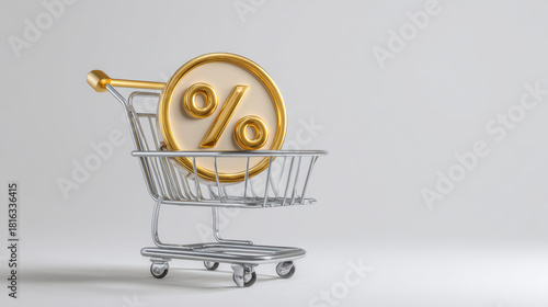 3D shopping cart with gold percent coin for sale discount promotion online shopping retail activity % off coupon thanksgiving black friday new year gift ads