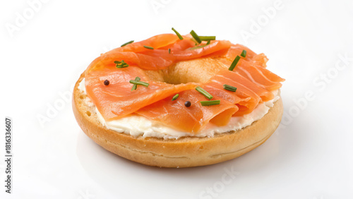 Bagel lox sandwich breakfast snack fresh salmon cream cheese chive garnish peppercorns simple clean background appetite